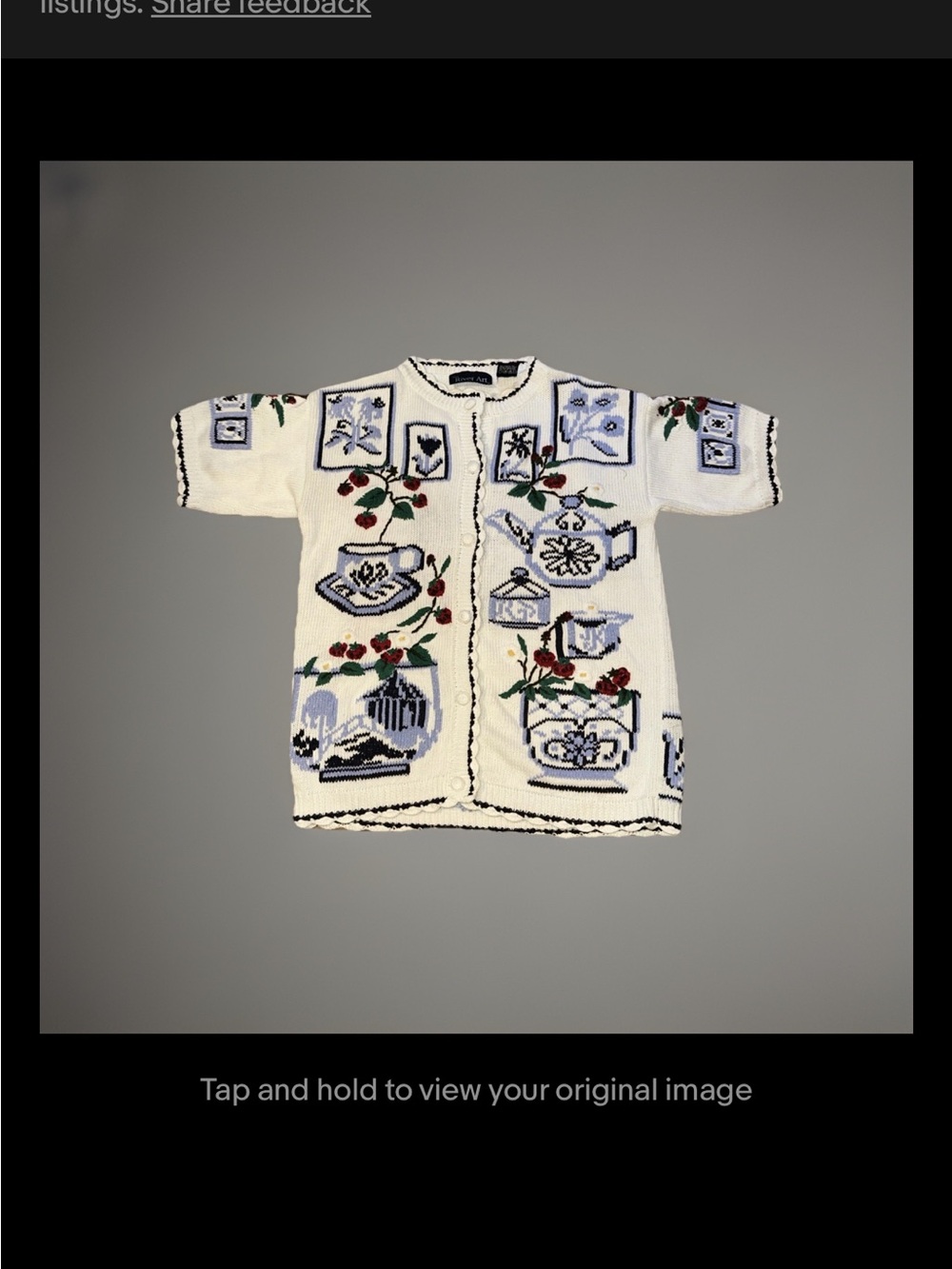 VTG Embroidered Tea Motif Short Sleeve Cardigan - Cream with Blue & Red